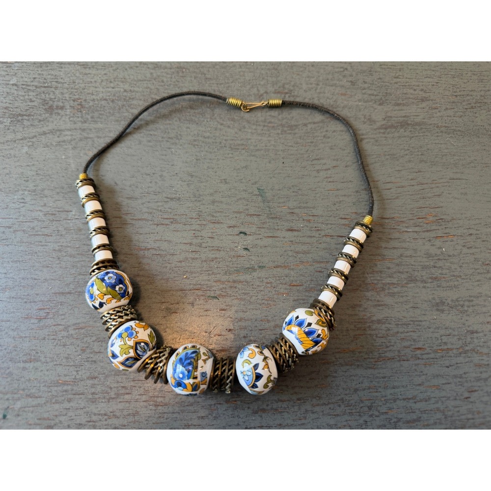 Vintage Hand Painted Ceramic Bead Necklace Blue Floral Porcelain Brass Tone Boho
